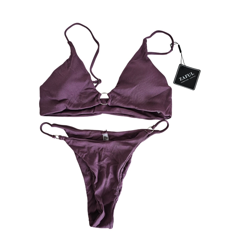 Zaful Ribbed Ring Detail Triangle Bikini Set Plum Purple Size 6 NWT